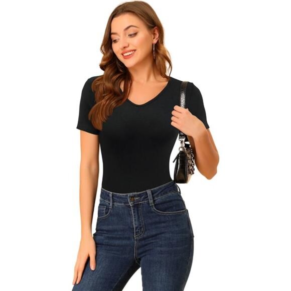Women's V-Neck T-Shirts - Short and Long Sleeve Casual Ribbed Slim Fitted Tops - Picture 3 of 6
